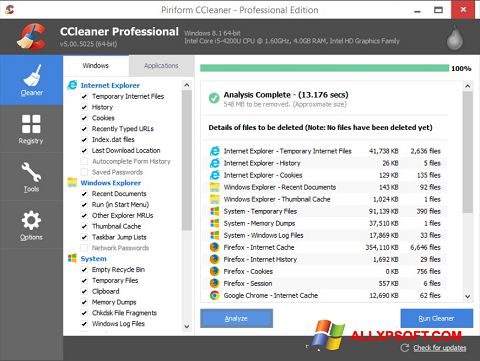 স্ক্রিনশট CCleaner Windows XP
