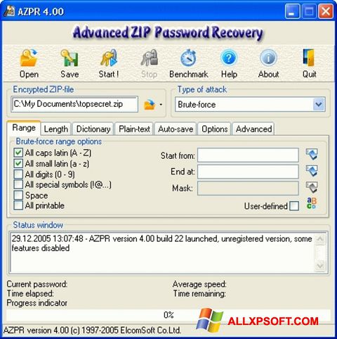 স্ক্রিনশট Advanced Archive Password Recovery Windows XP